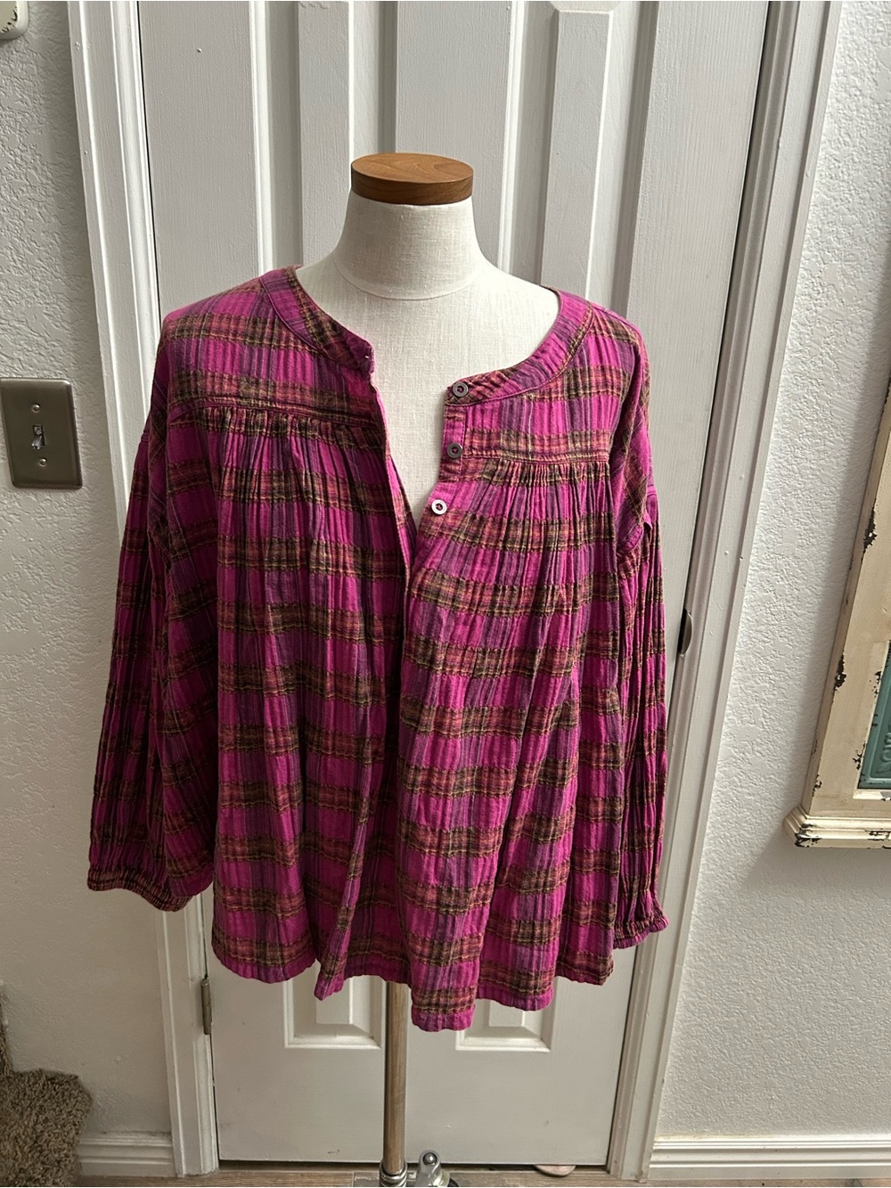 We The Free Magenta and Brown Plaid Button-Front Tunic